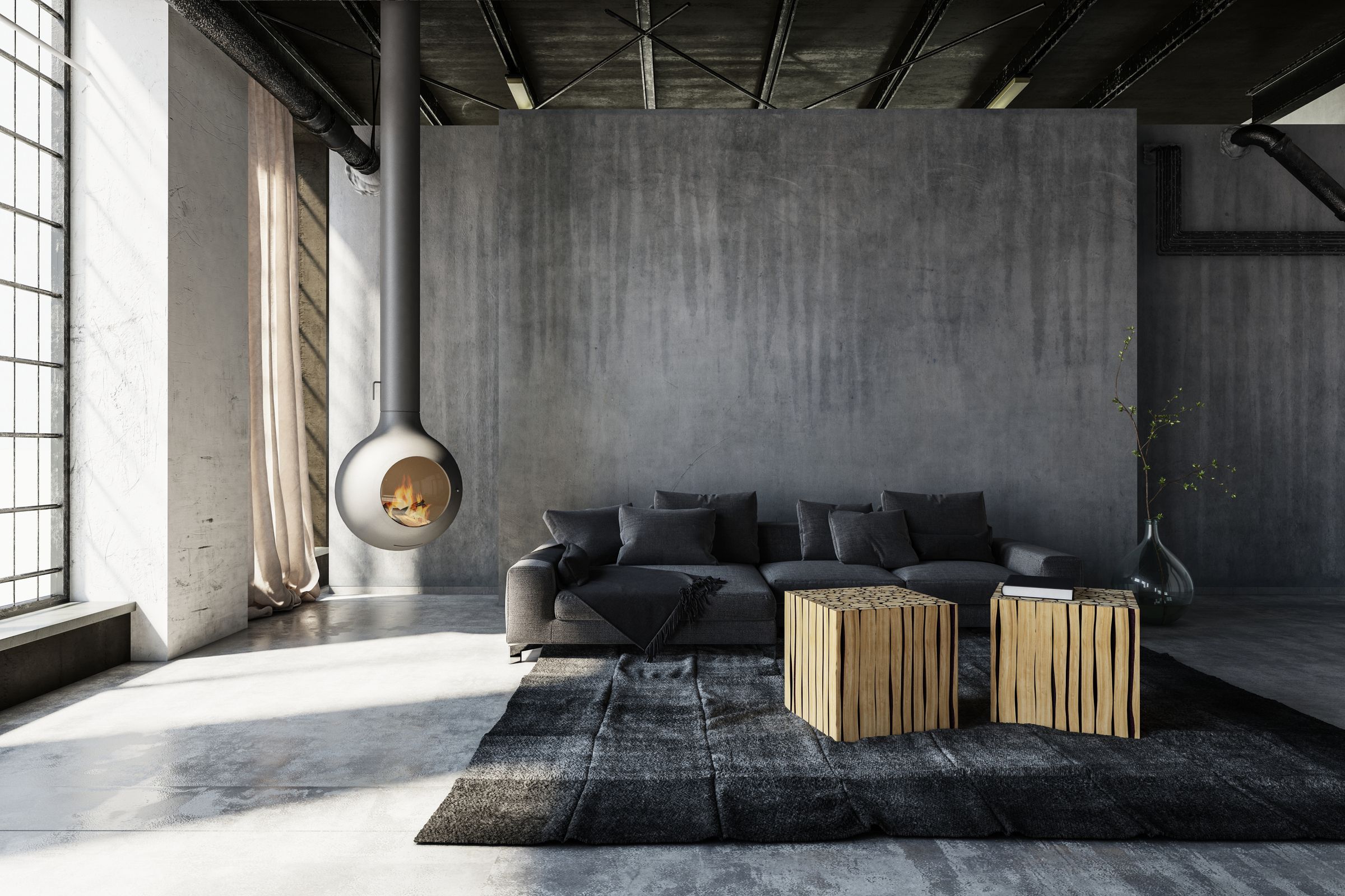 Ein Wohnraum mit Couch und Kamin